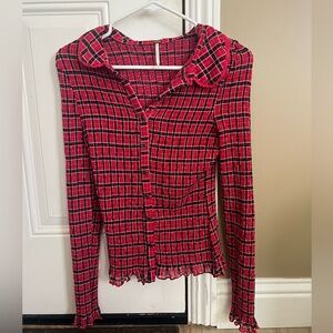 Red Plaid Button-Up Blouse